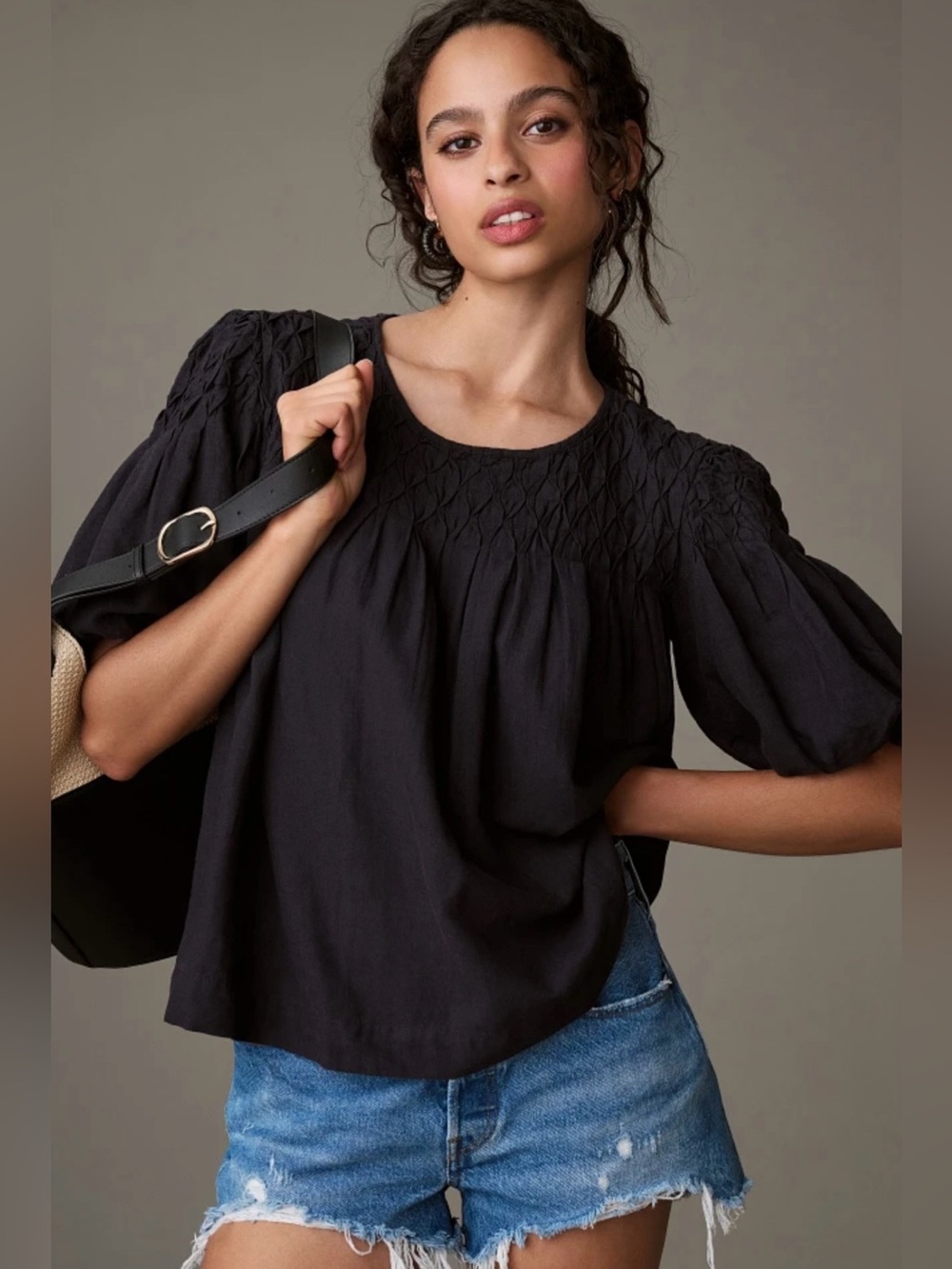 By Anthropologie Puff Sleeve Smocked
Linen Top